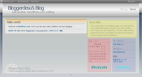 Ja-WordPress.com内のMyBlog【Theme：Andreas04＋Widgets：Calendar適用後画面】